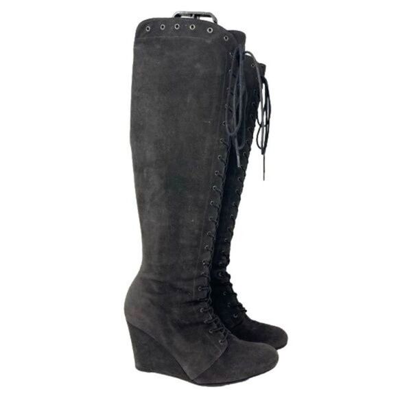 Stuart Weitzman knee high gray suede boots 6.5M riding equestrian wedged lace up - Picture 2 of 9